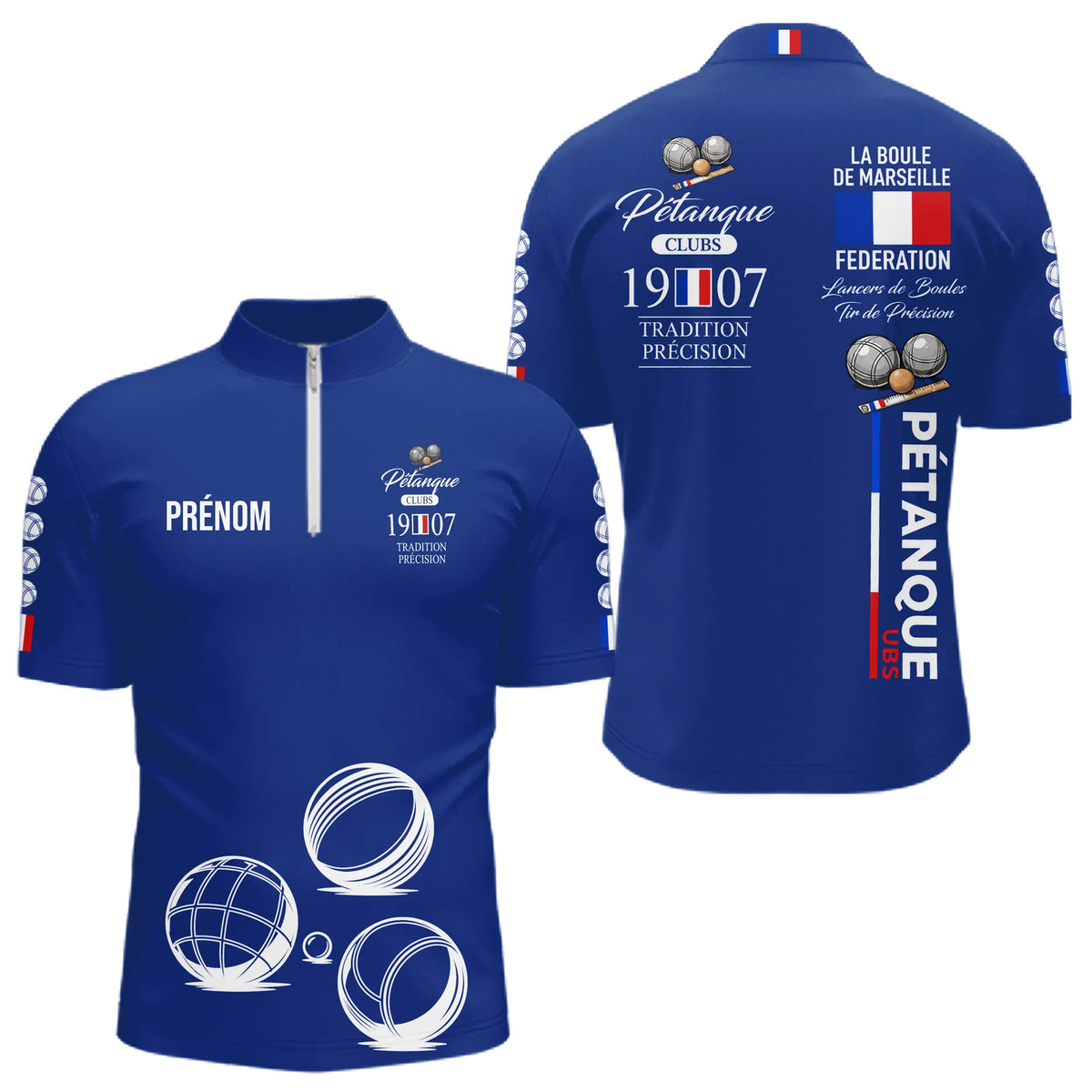 Polo Pétanque Bleu Personnalisé - Tradition & Club - Polo Zippé Homme