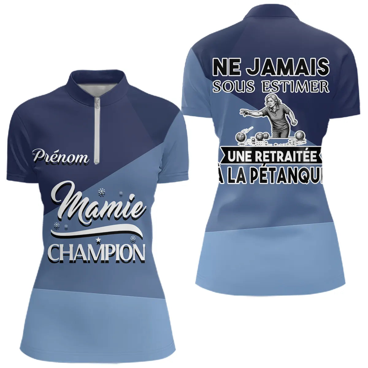 Polo Pétanque Bleu Retraité Personnalisé - Papa Mama Champion - Polo Zippé Femme