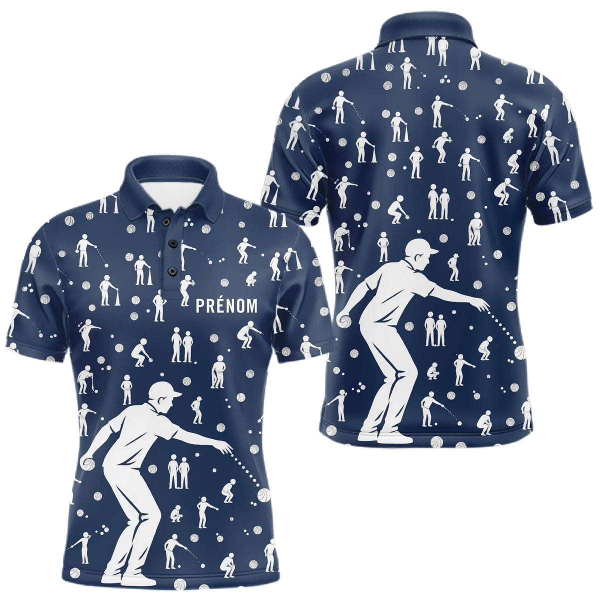 Polo Pétanque Bleu Silhouette Joueurs - Homme Femme - Polo Homme