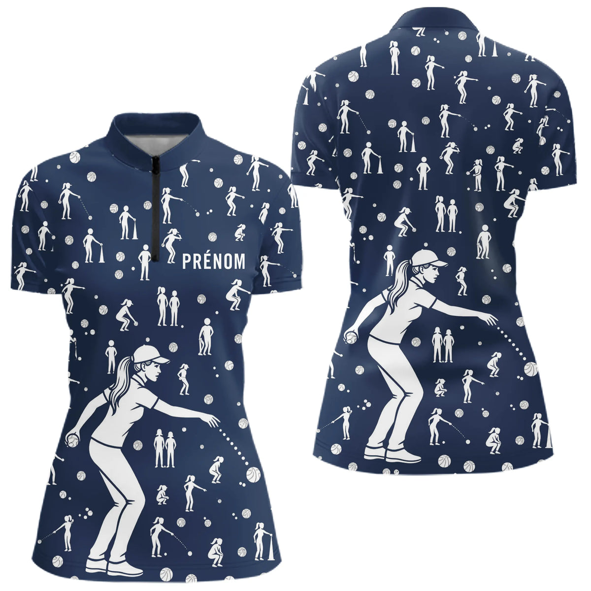 Polo Pétanque Bleu Silhouette Joueurs - Homme Femme - Polo Zippé Femme