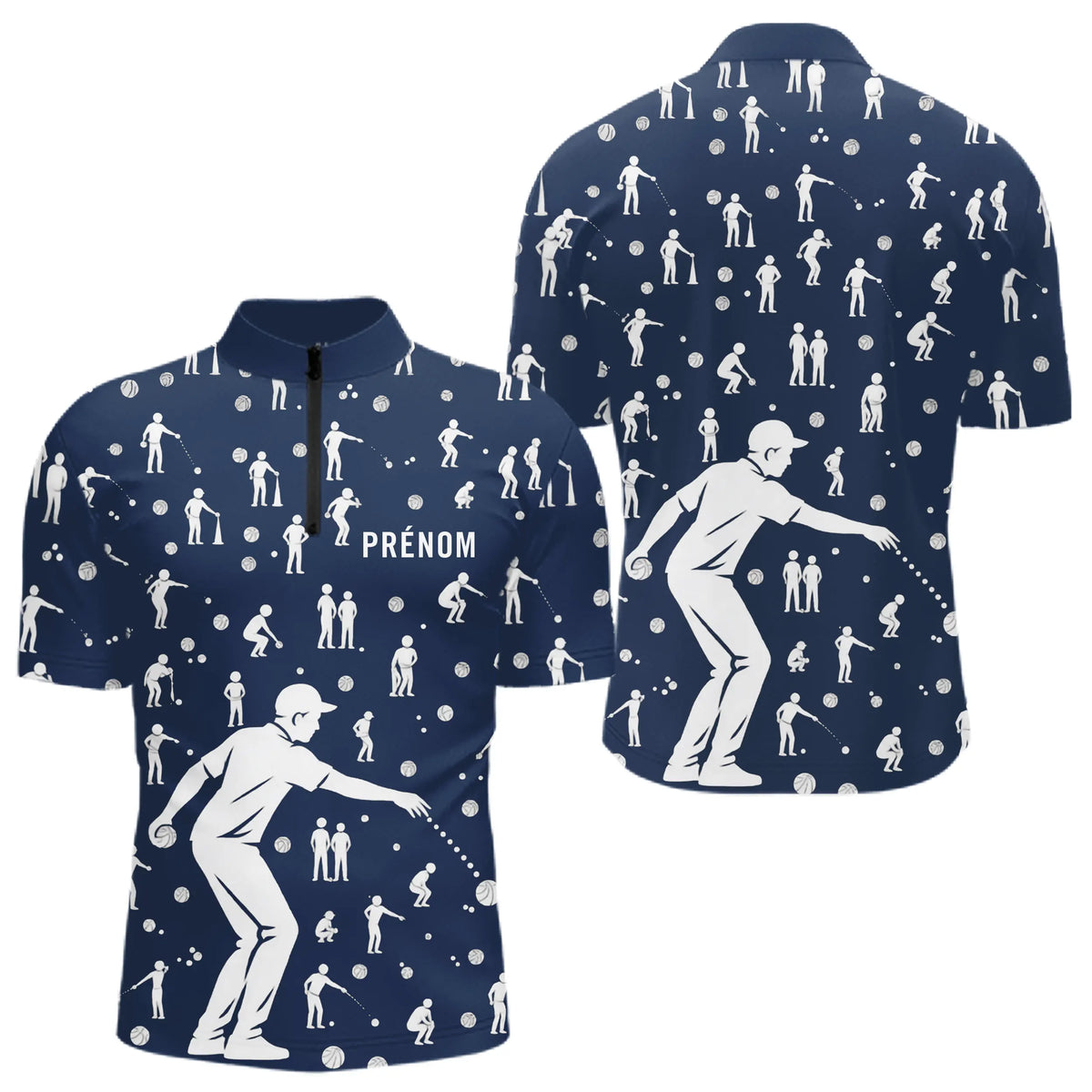 Polo Pétanque Bleu Silhouette Joueurs - Homme Femme - Polo Zippé Homme