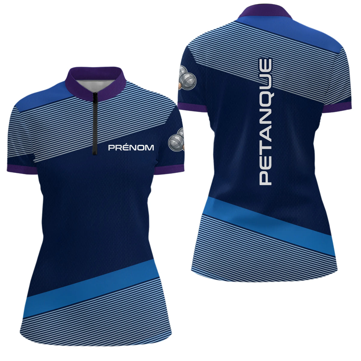 Polo Pétanque Bleu & Violet Personnalisé - Cadeau Boules Homme Femme - Polo Zippé Femme