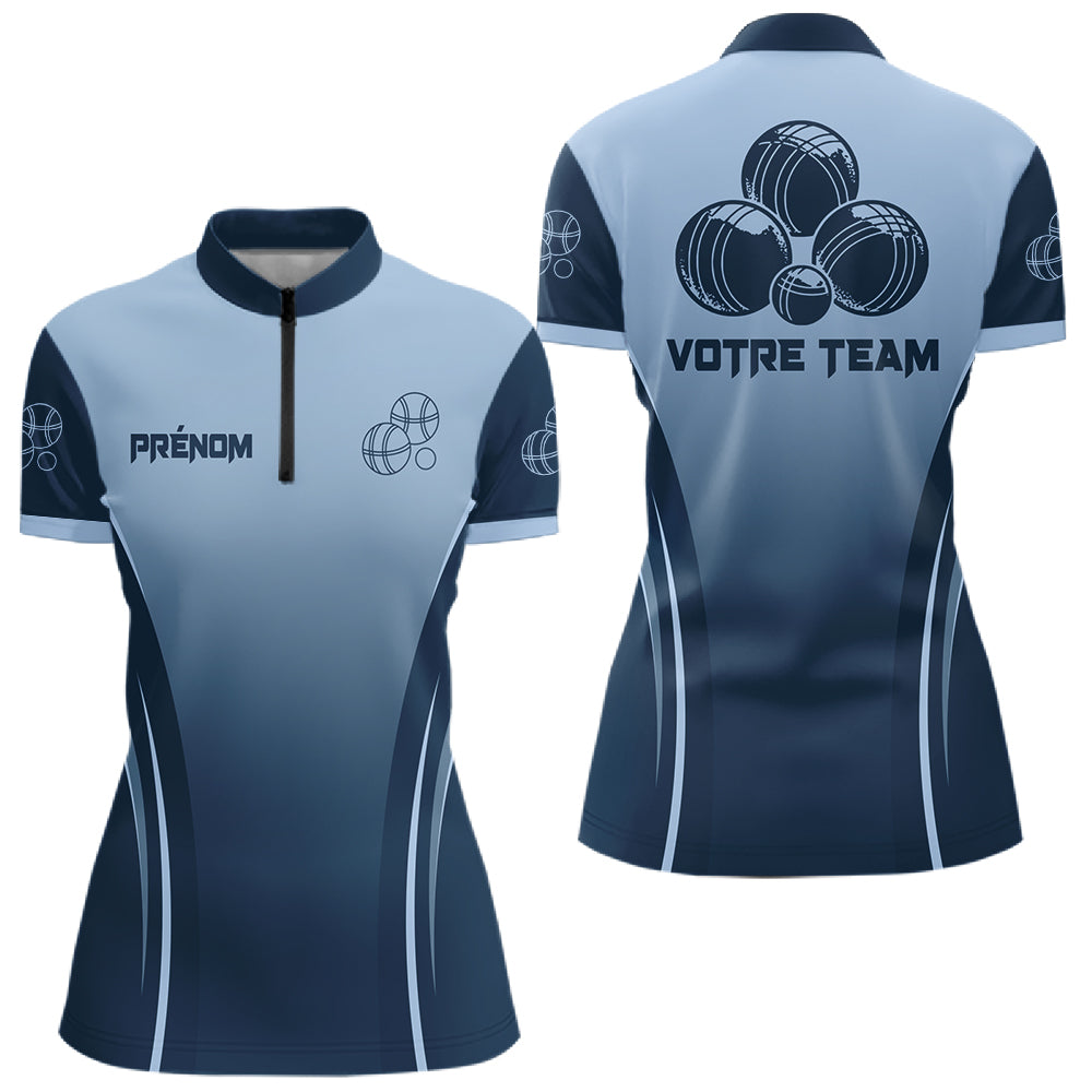 Polo Pétanque Boules - Bleu Gradient Prénom & Équipe - Polo Zippé Femme