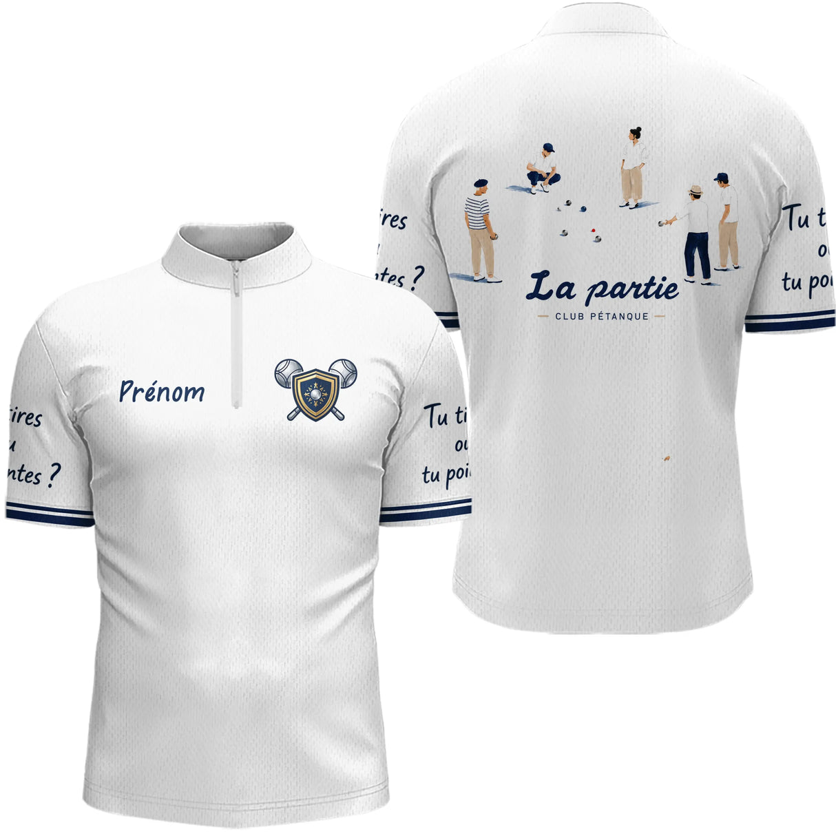 Polo Pétanque Bouliste Française - La Partie Amis Blanc - Polo Zippé Homme