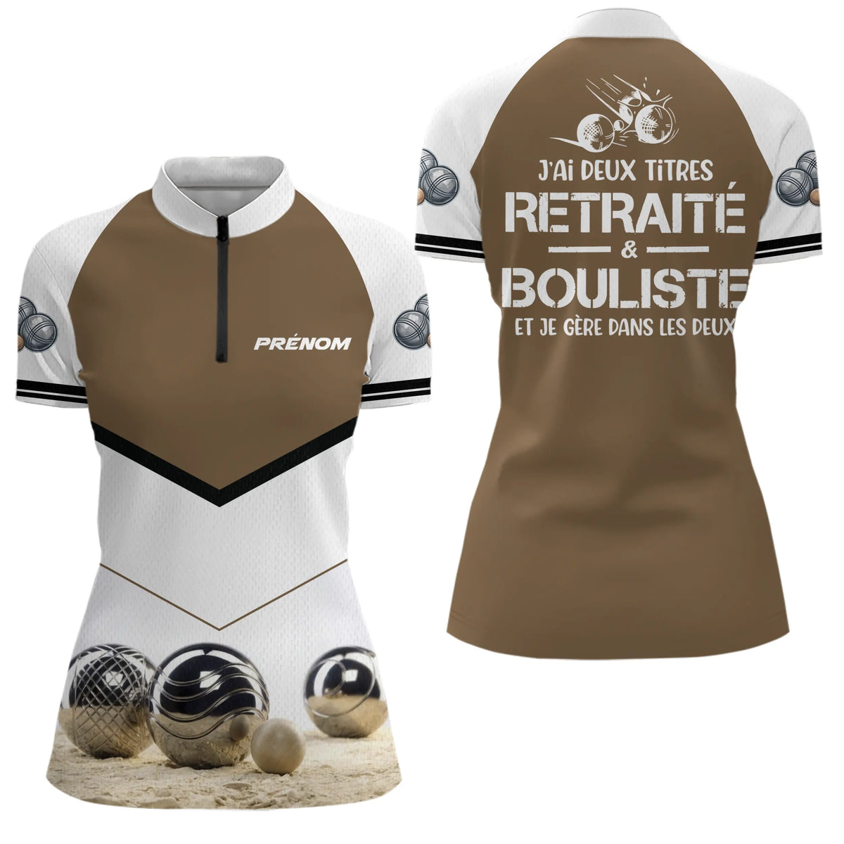 Polo Pétanque Bouliste Personnalisé - Marron & Blanc Retraité - Polo Zippé Femme