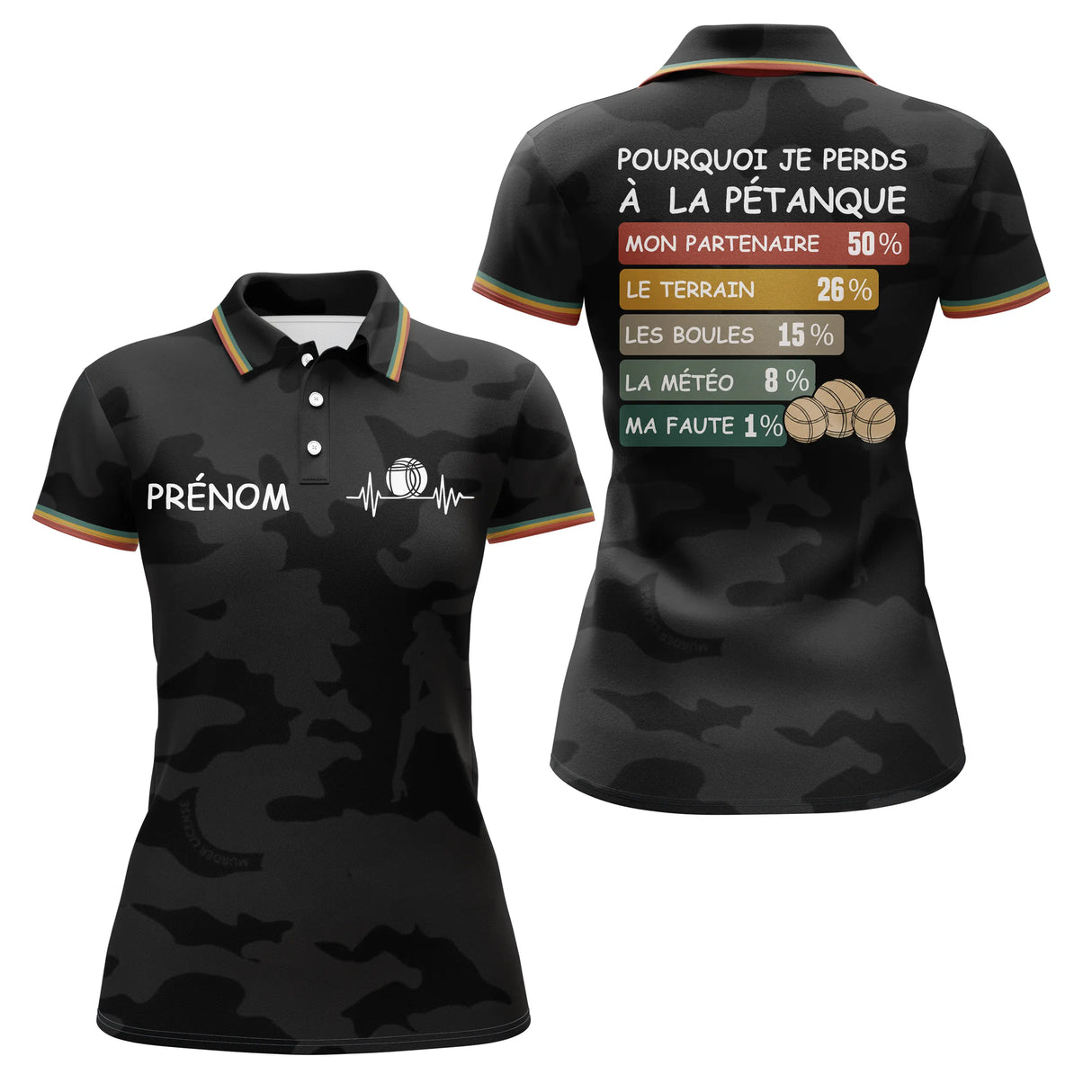 Polo Pétanque Camouflage Noir - Personnalisé Humour Prénom - Polo Femme