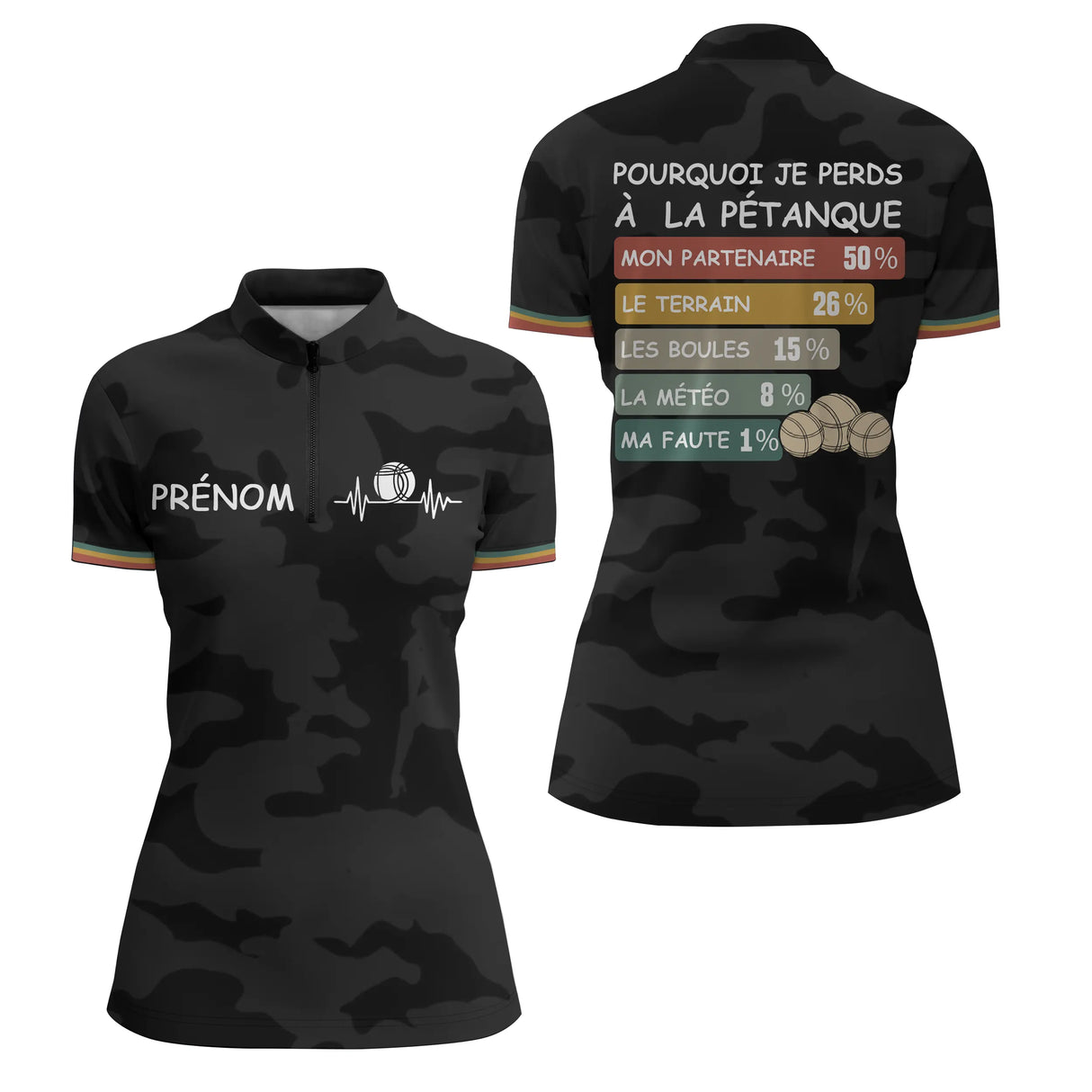 Polo Pétanque Camouflage Noir - Personnalisé Humour Prénom - Polo Zippé Femme