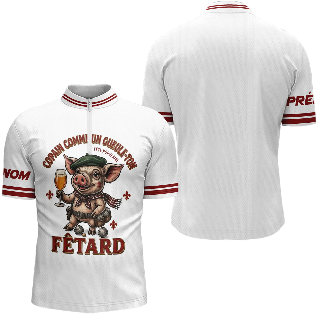 Polo Pétanque Cochonnet Fêtard - Blanc & Rouge Personnalisé - Polo Zippé Homme