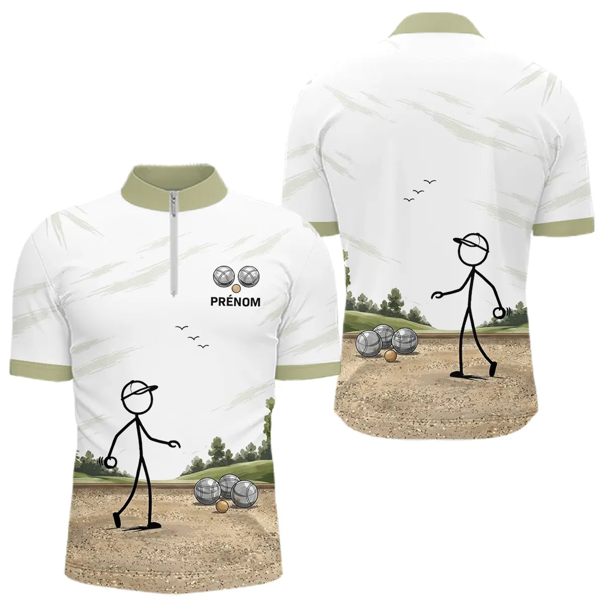 Polo Pétanque Cochonnet Personnalisé Prénom - Cadeau Blanc Beige - Polo Zippé Homme