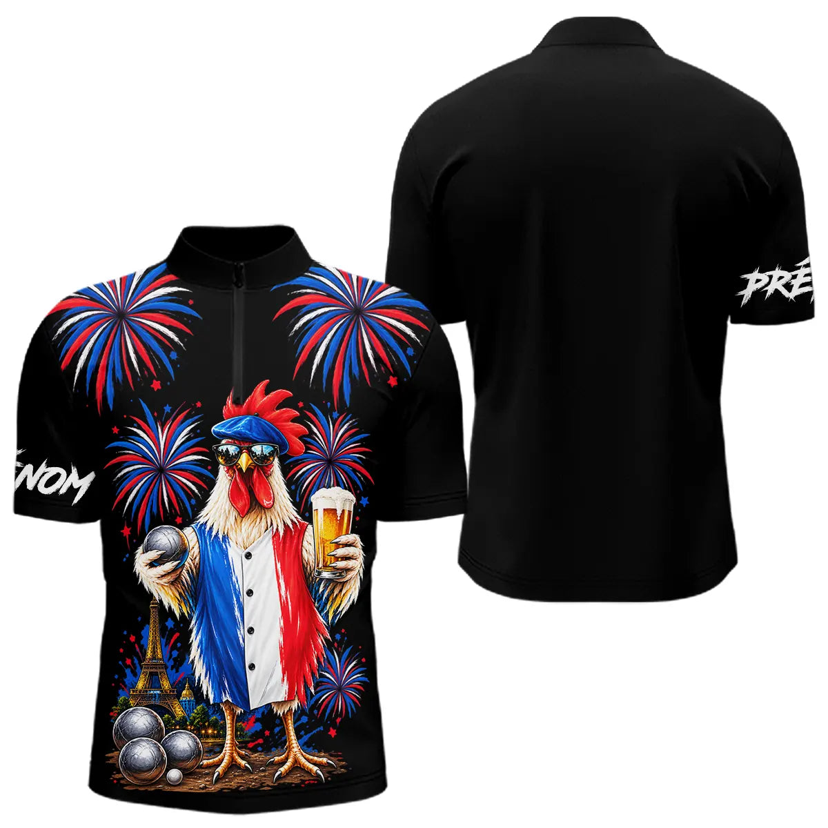 Polo Pétanque Français Noir Personnalisé - Coq & Apéro - Polo Zippé Homme