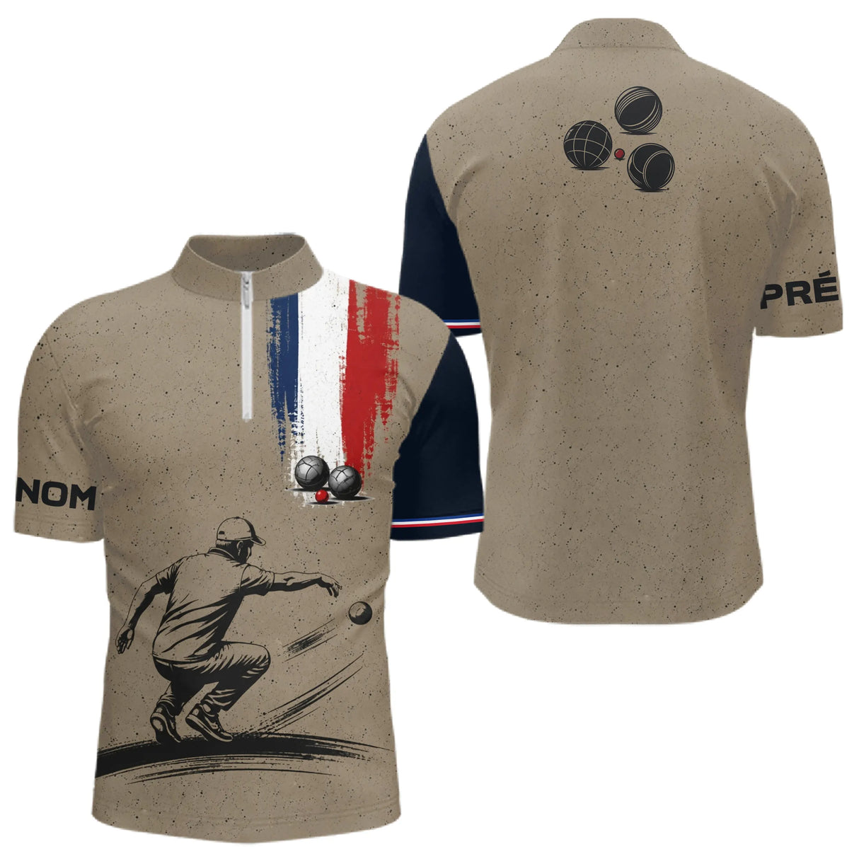 Polo Pétanque Homme Femme - Beige & Bleu Tricolore Personnalisé - Polo Zippé Homme