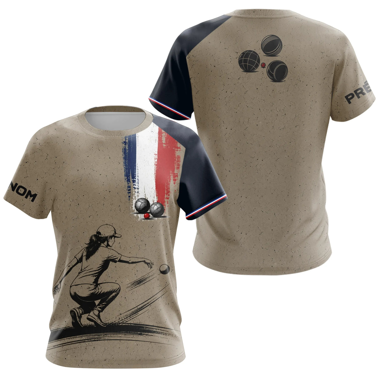 Polo Pétanque Homme Femme - Beige & Bleu Tricolore Personnalisé - T-Shirt Femme
