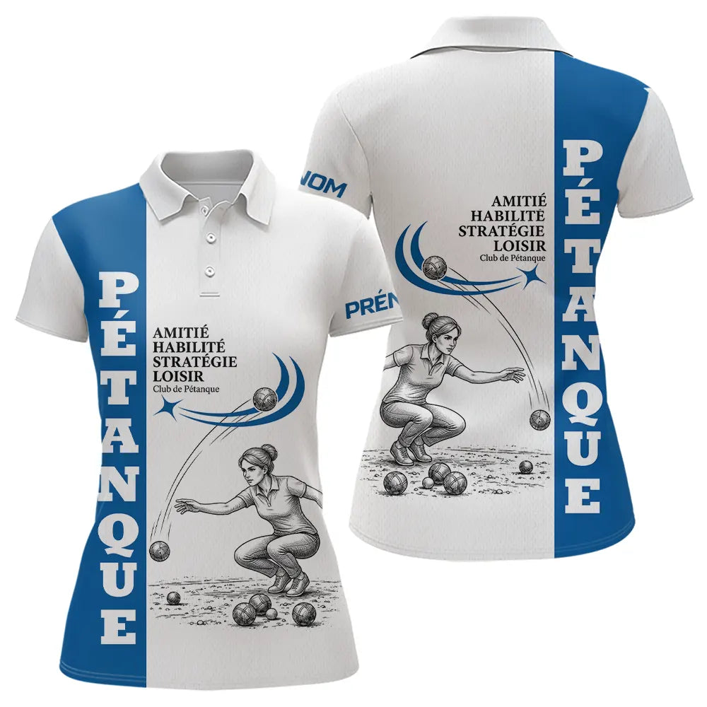 Polo Pétanque Homme Femme - Blanc & Bleu Club Bouliste - Polo Femme