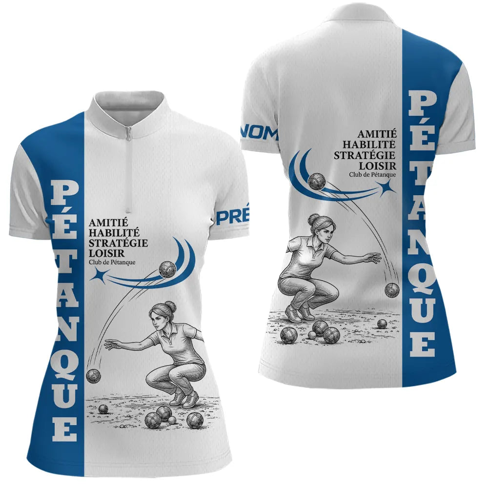 Polo Pétanque Homme Femme - Blanc & Bleu Club Bouliste - Polo Zippé Femme