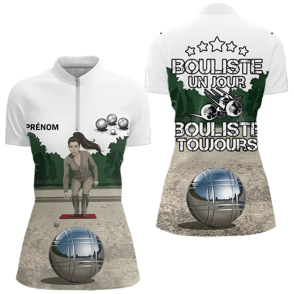 Polo Pétanque Homme Femme - Blanc Personnalisé Bouliste - Polo Zippé Femme