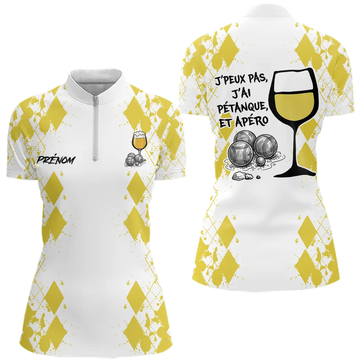 Polo Pétanque Homme Femme - Boules Apéro Blanc Jaune - Polo Zippé Femme