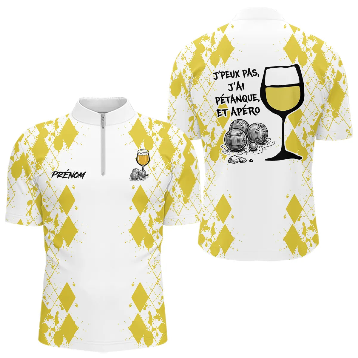 Polo Pétanque Homme Femme - Boules Apéro Blanc Jaune - Polo Zippé Homme