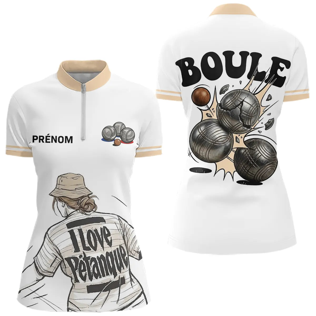 Polo Pétanque Homme Femme - I Love Boules Blanc Beige - Polo Zippé Femme