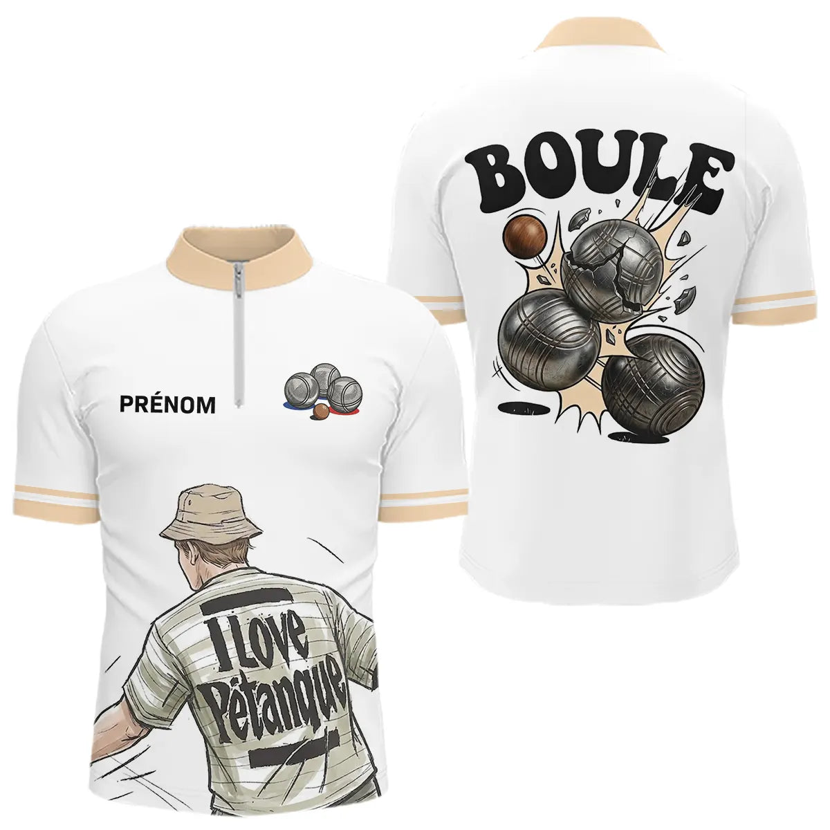 Polo Pétanque Homme Femme - I Love Boules Blanc Beige - Polo Zippé Homme