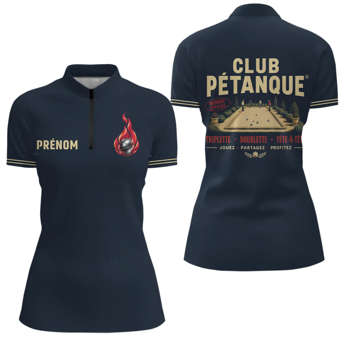 Polo Pétanque Homme Femme - Triplette & Doublette Bleu Marine - Polo Zippé Femme