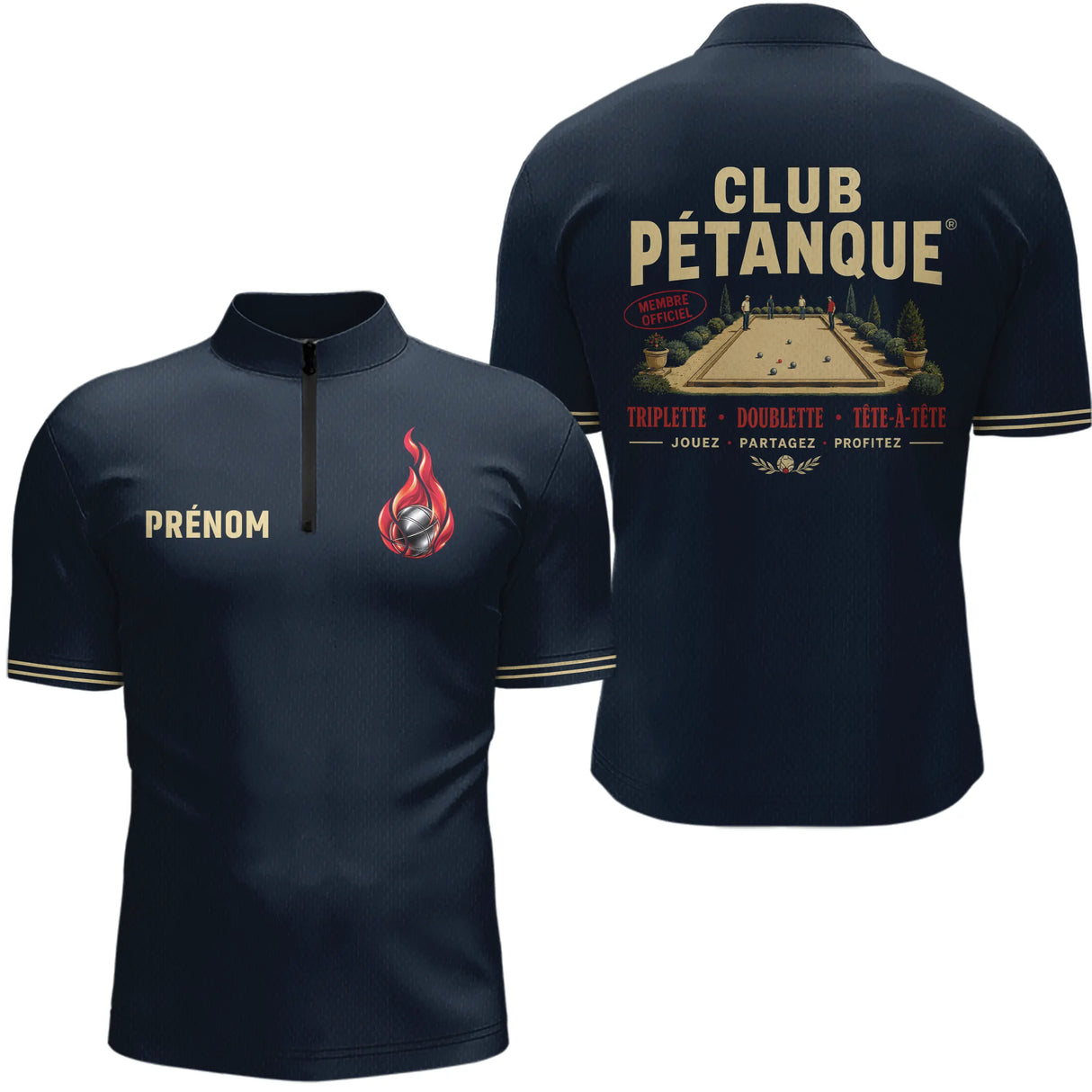 Polo Pétanque Homme Femme - Triplette & Doublette Bleu Marine - Polo Zippé Homme