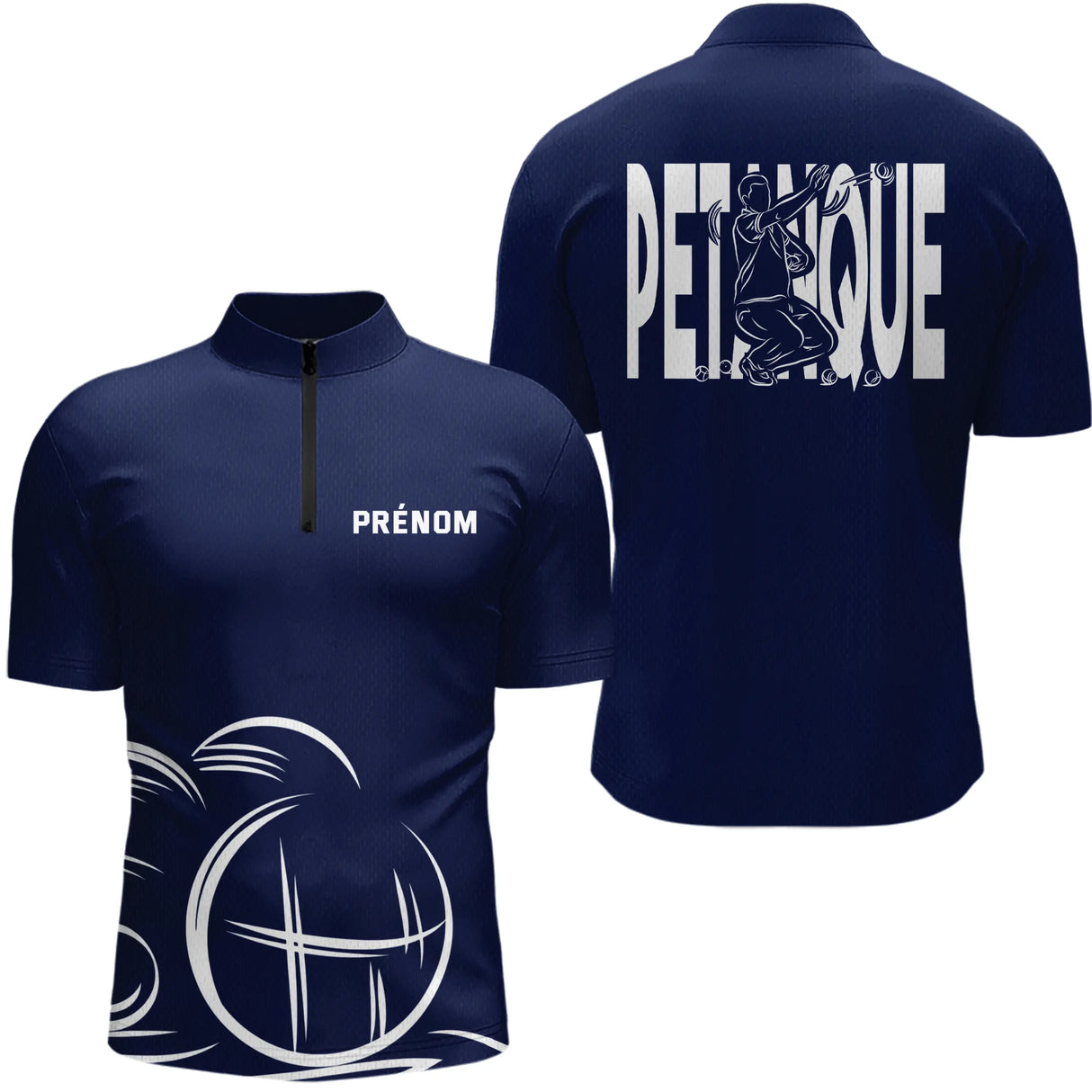 Polo Pétanque Homme Femme Bleu- Personnalisé Prénom - Polo Zippé Homme