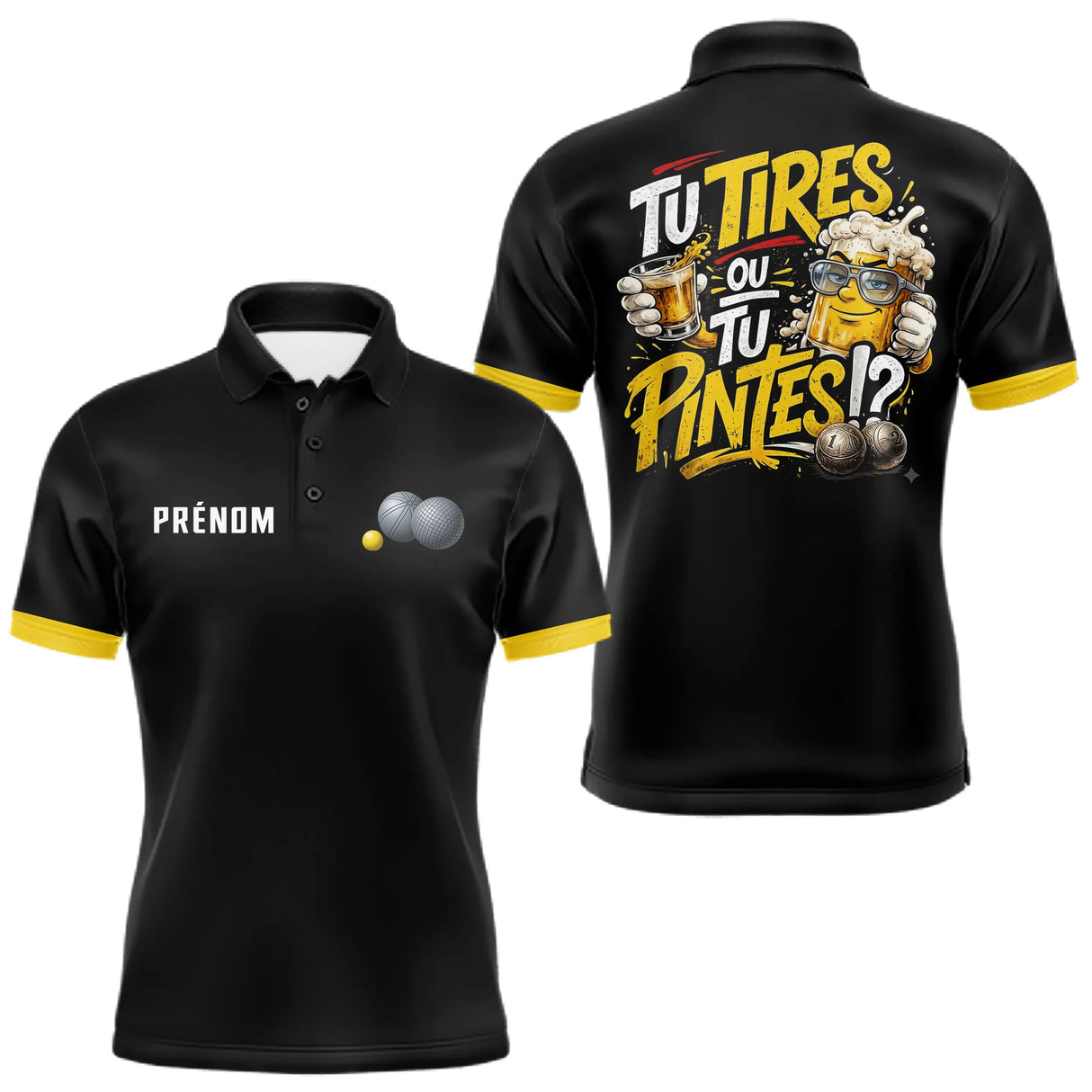 Polo Pétanque Humour Noir & Jaune - Tu Tires Ou Tu Pintes - Polo Homme