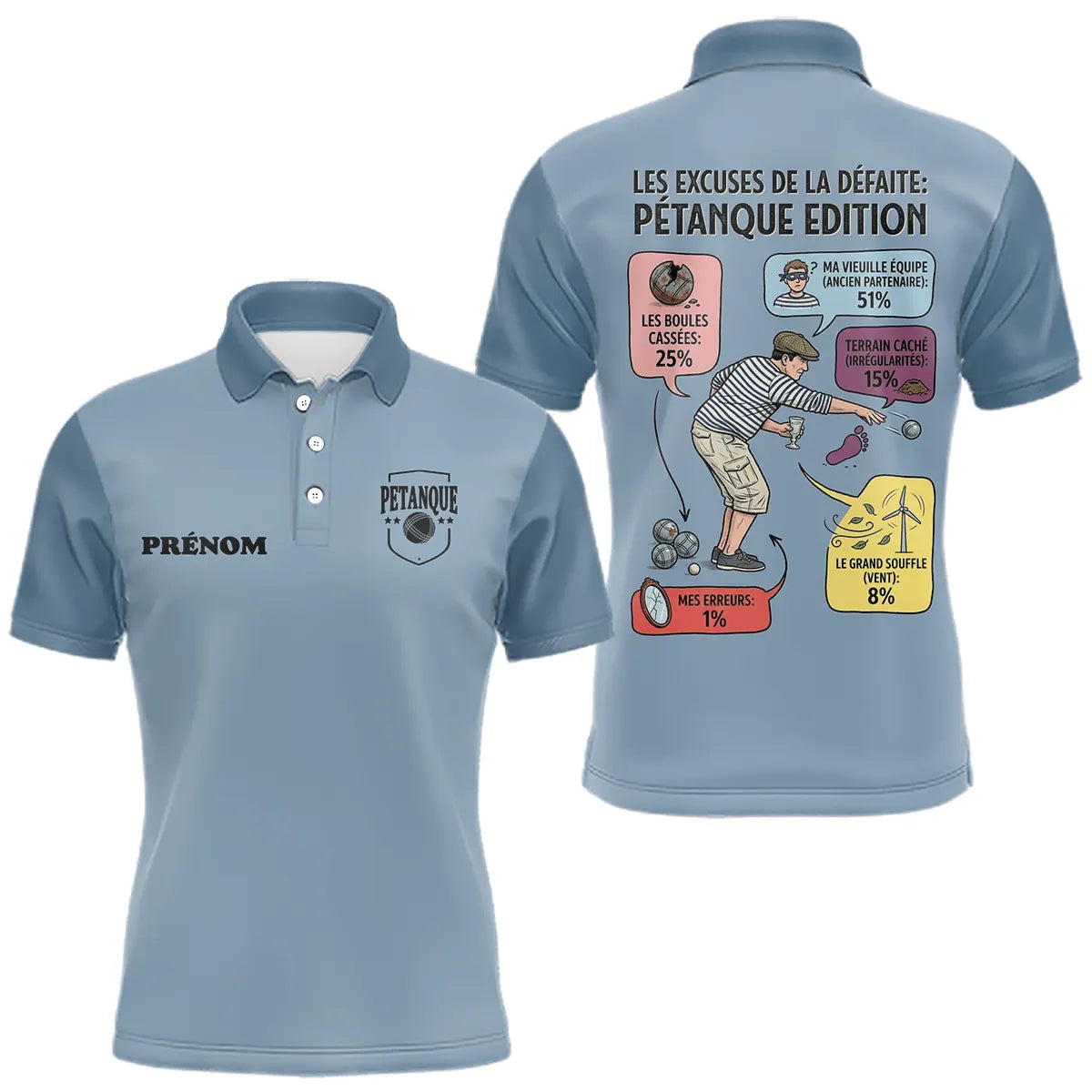 Polo Pétanque Humour Personnalisé - Bleu Gris - Polo Homme