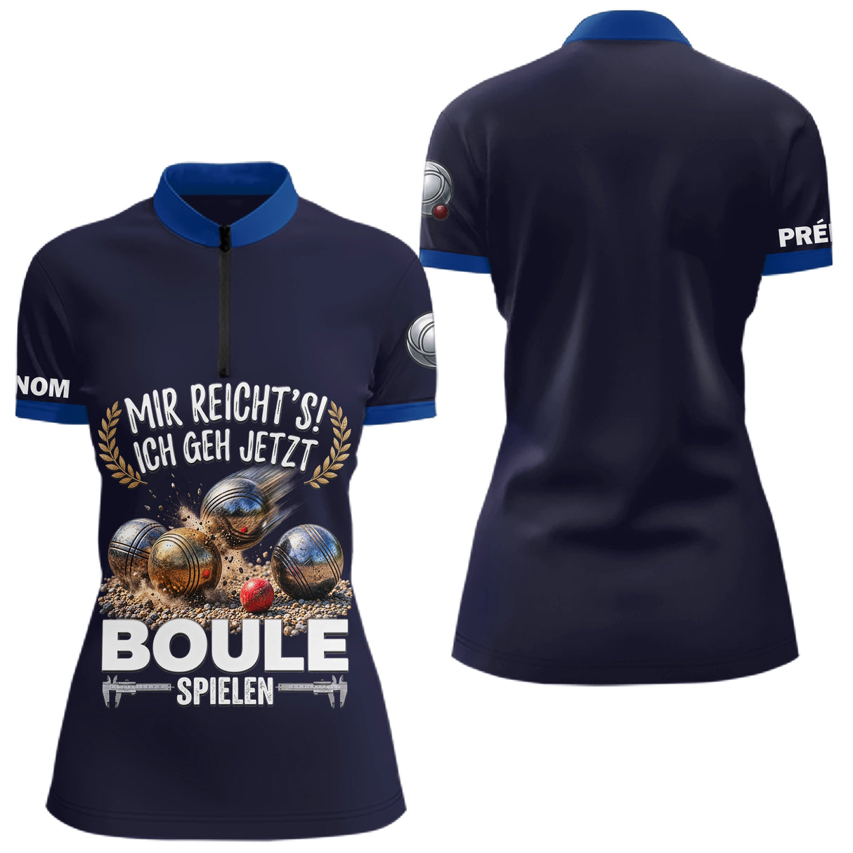 Polo Pétanque Imprimé 3D - Personnalisé Bleu Marine - Polo Zippé Femme
