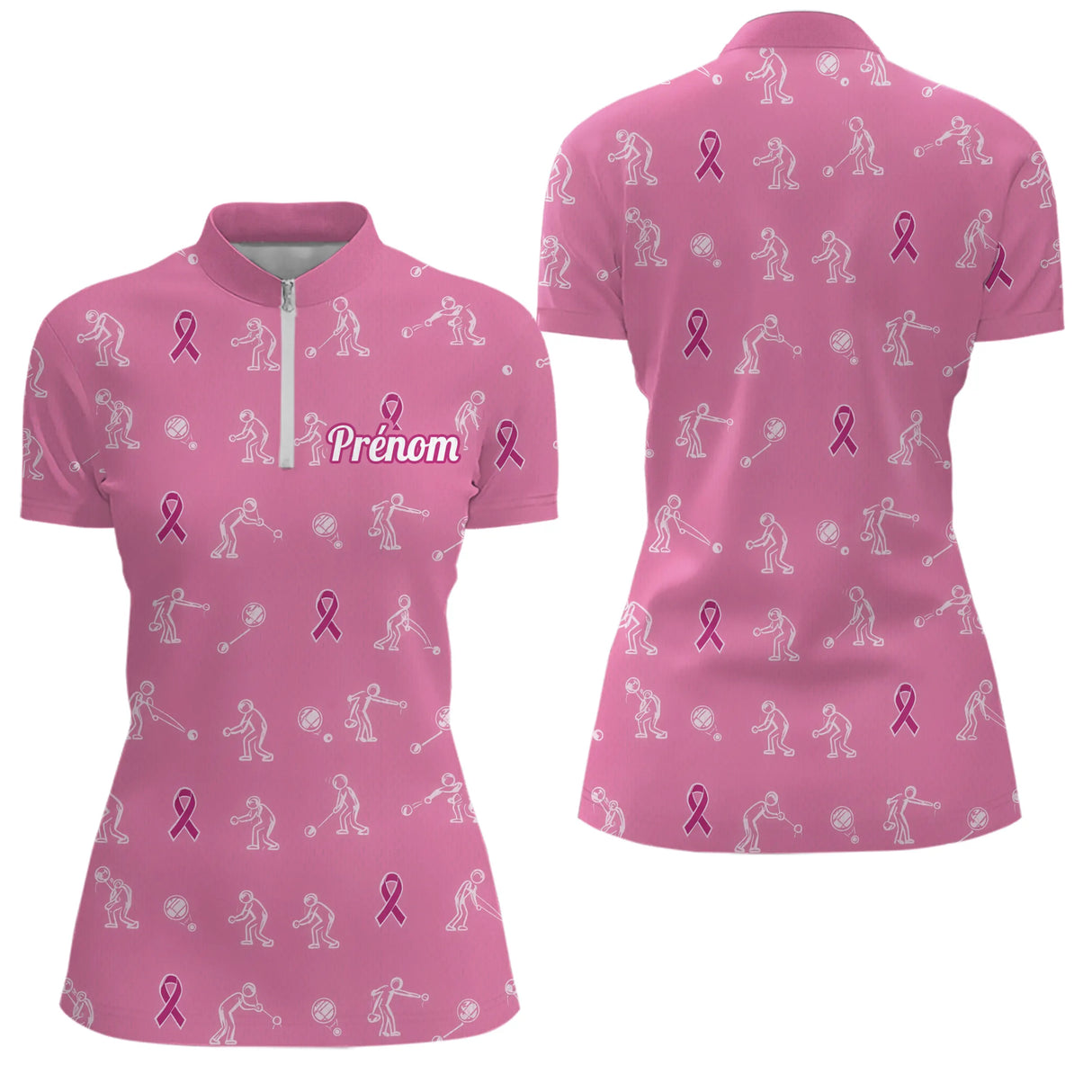 Polo Pétanque Marine Rose Personnalisé - Ruban Joueur Boules - Polo Zippé Femme