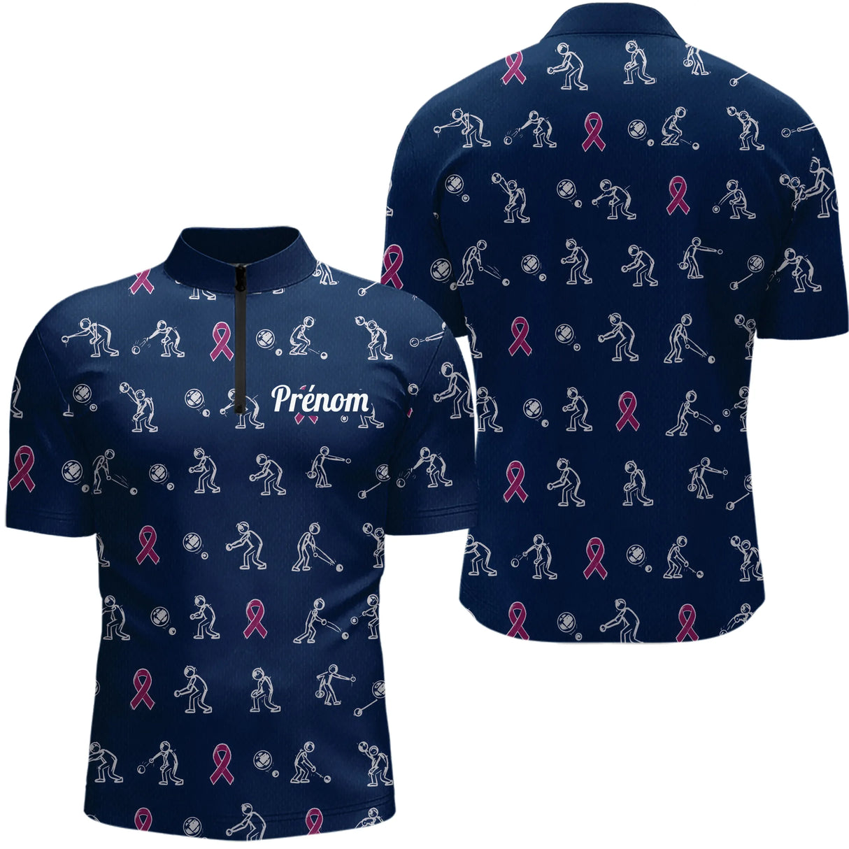 Polo Pétanque Marine Rose Personnalisé - Ruban Joueur Boules - Polo Zippé Homme