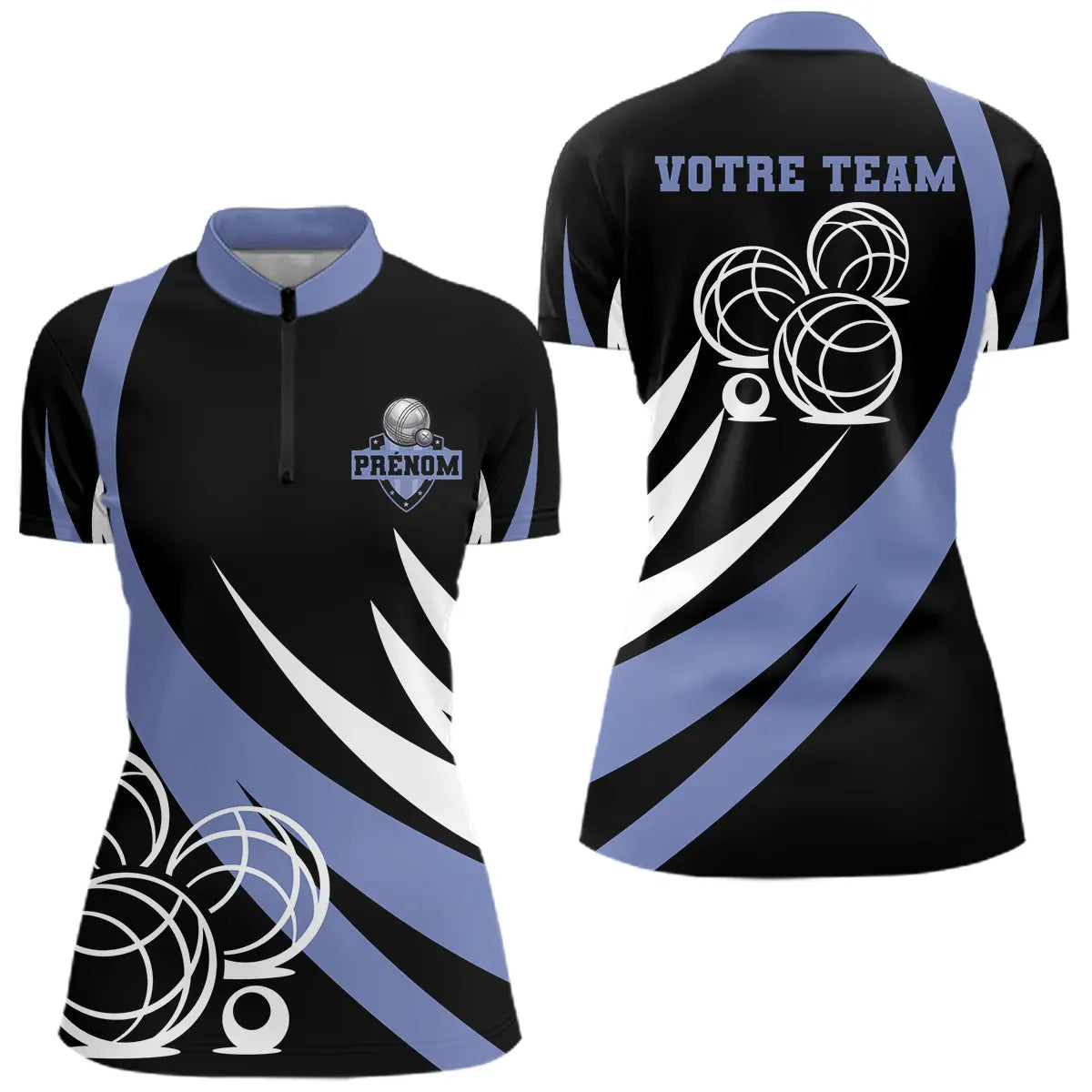 Polo Pétanque Noir Bleu Boules - Prénom & Équipe - Polo Zippé Femme