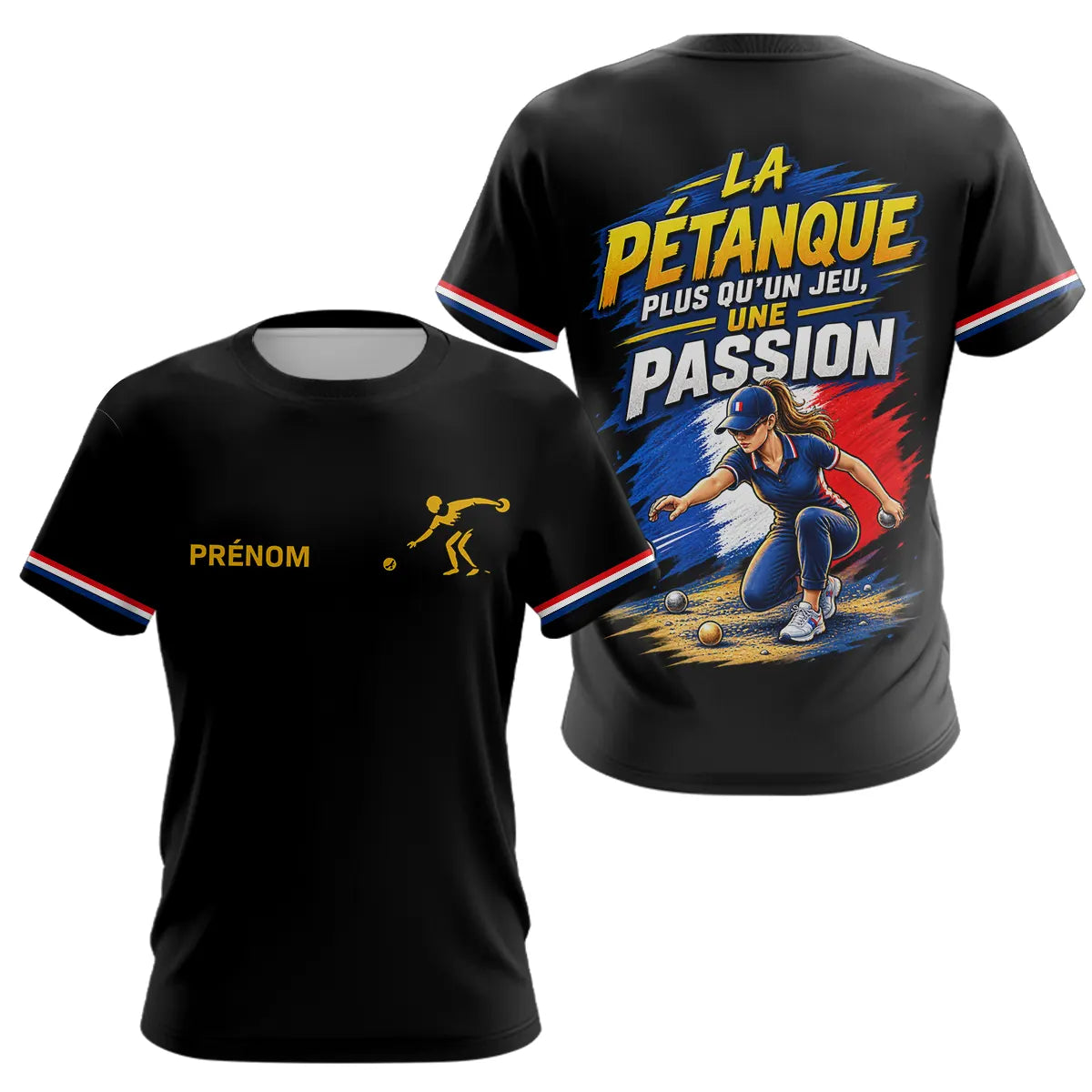 Polo Pétanque Noir Homme Femme - Passion Drapeau Français - T-Shirt Femme