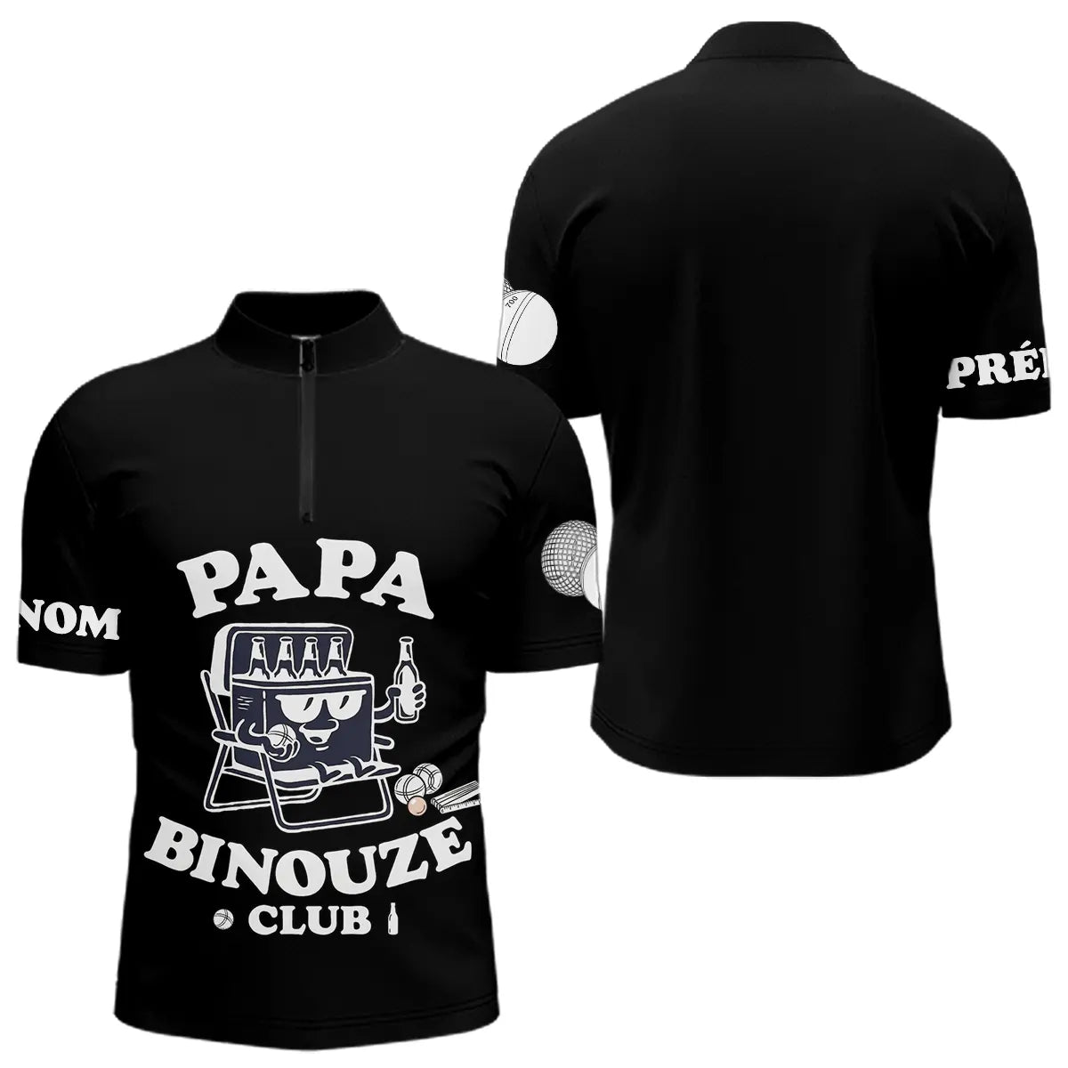 Polo Pétanque Noir Personnalisé - Papa Binouze Club - Polo Zippé Homme