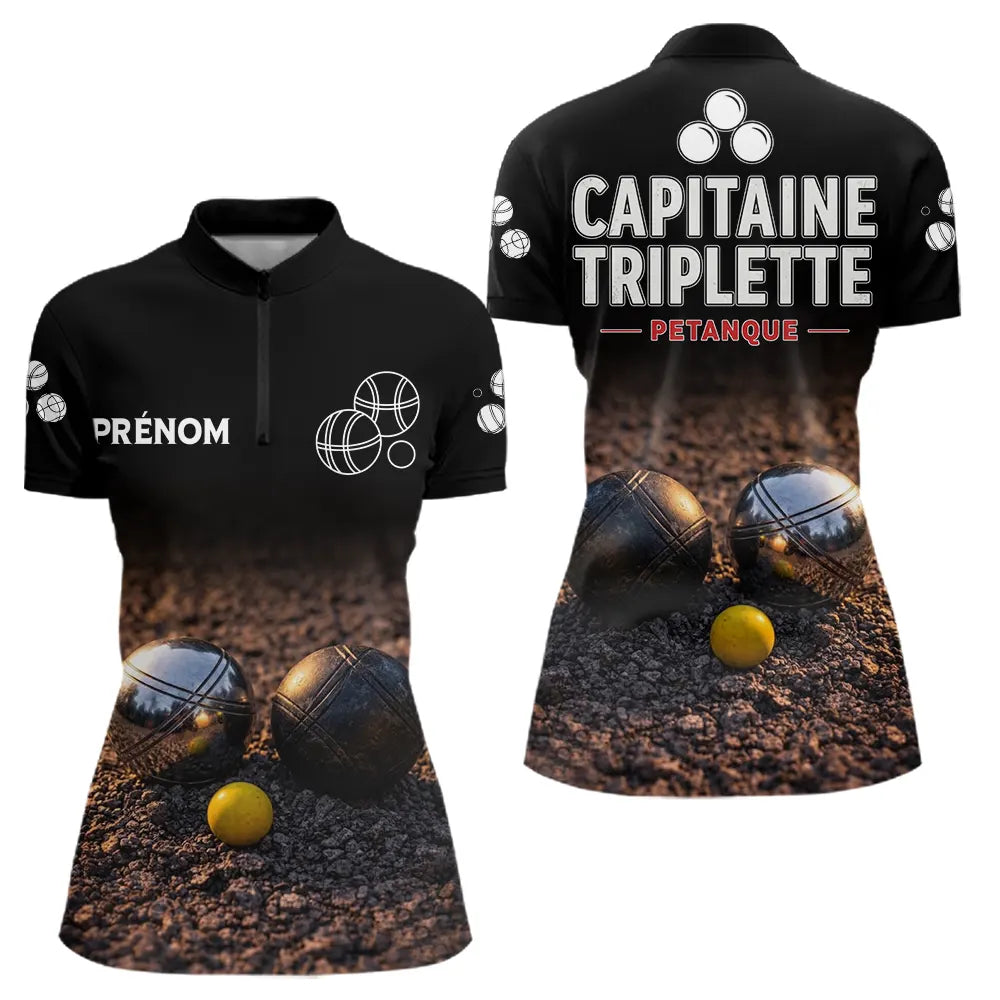 Polo Pétanque Noir Personnalisé - Équipe Capitaine Triplette - Polo Zippé Femme