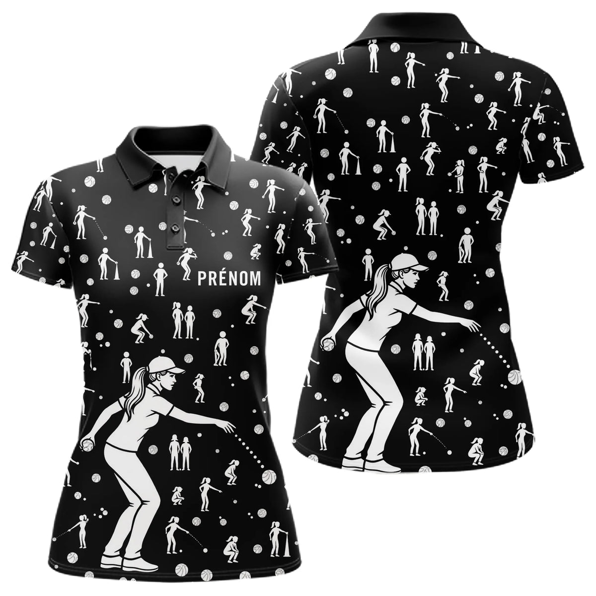 Polo Pétanque Noir Silhouette Joueurs - Homme Femme - Polo Femme