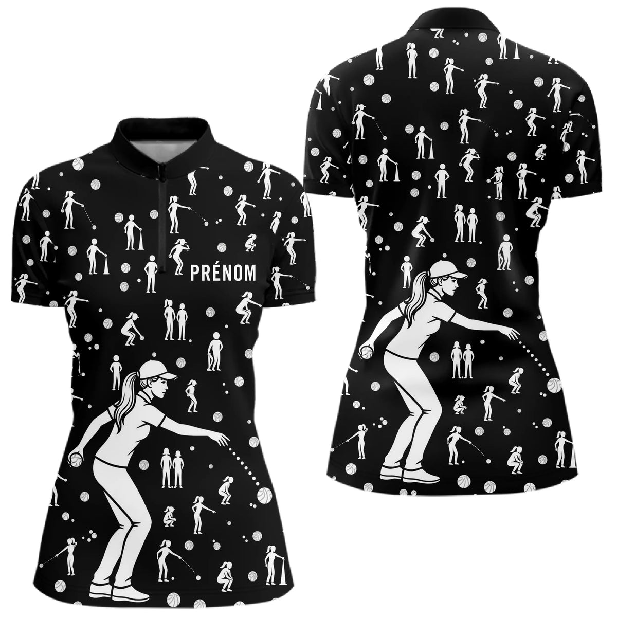 Polo Pétanque Noir Silhouette Joueurs - Homme Femme - Polo Zippé Femme