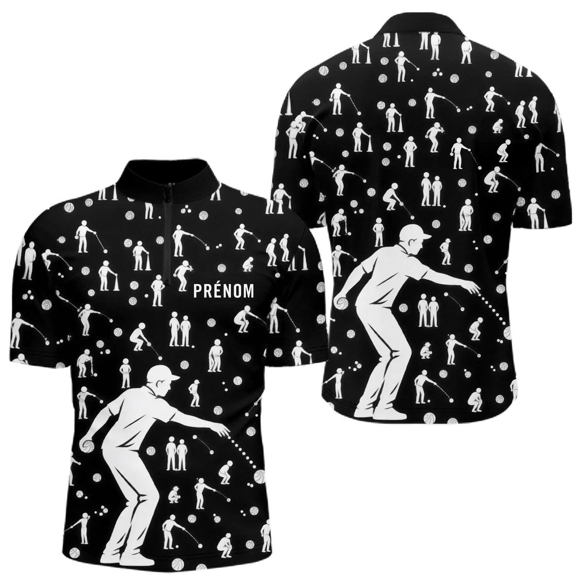 Polo Pétanque Noir Silhouette Joueurs - Homme Femme - Polo Zippé Homme