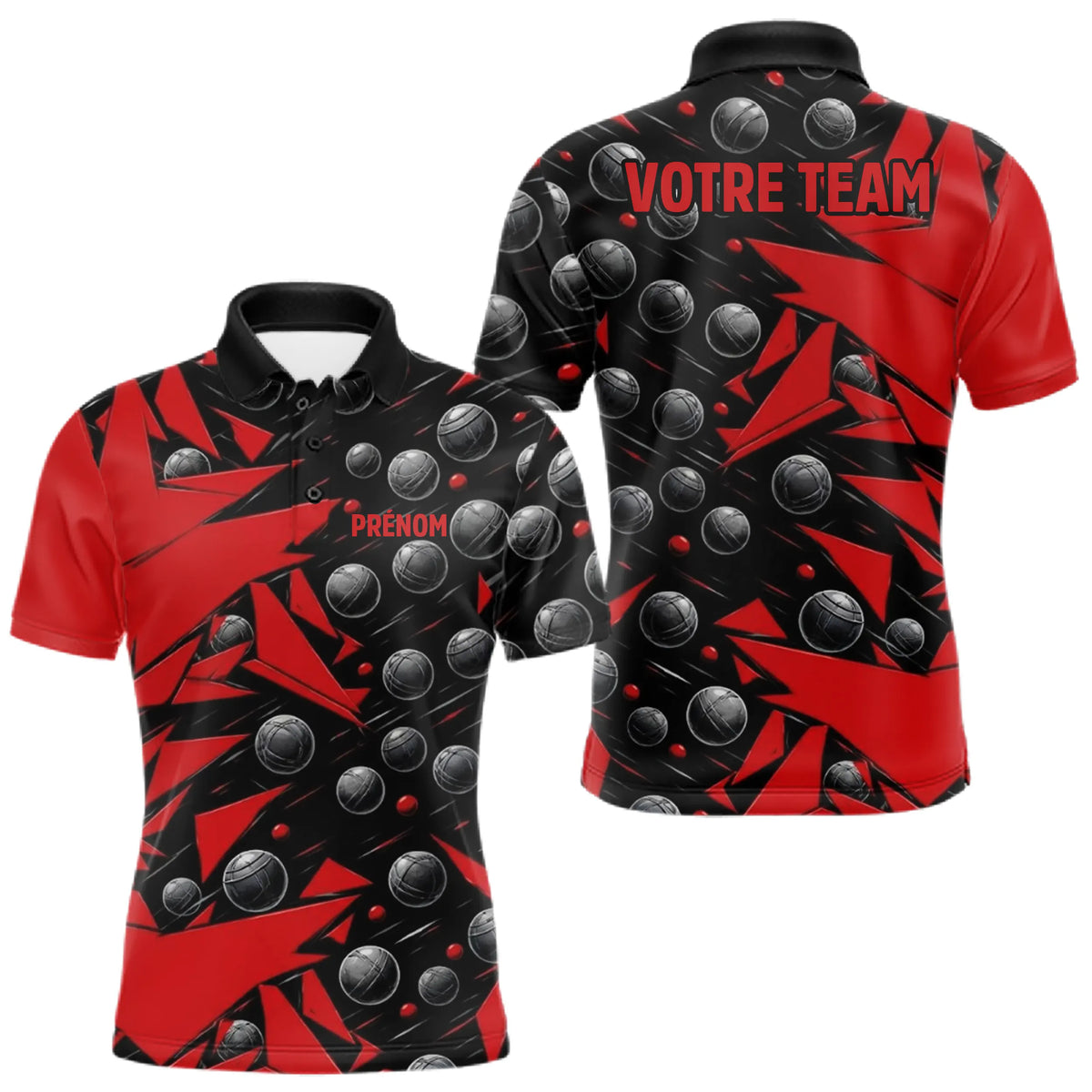 Polo Pétanque Nom et Team Personnalisé - Noir & Rouge - Polo Homme