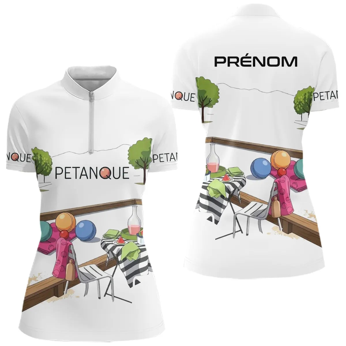 Polo Pétanque Personnalisé - Blanc Décor Apéro & Prénom - Polo Zippé Femme