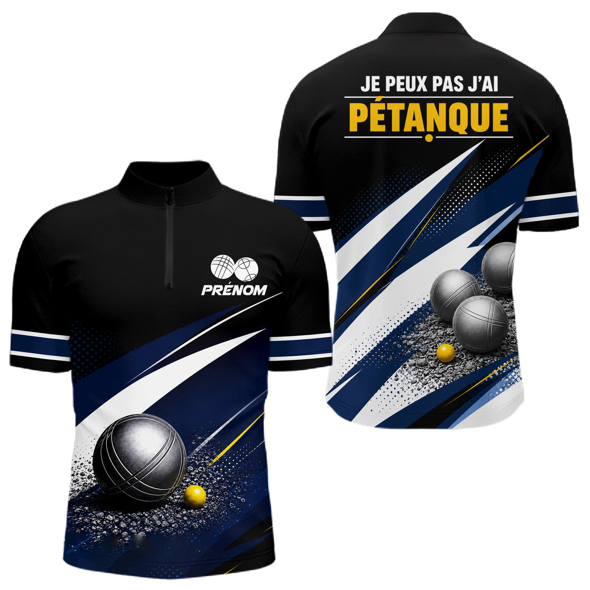Polo Pétanque Personnalisé - Bleu & Noir Humoristique - Polo Zippé Homme