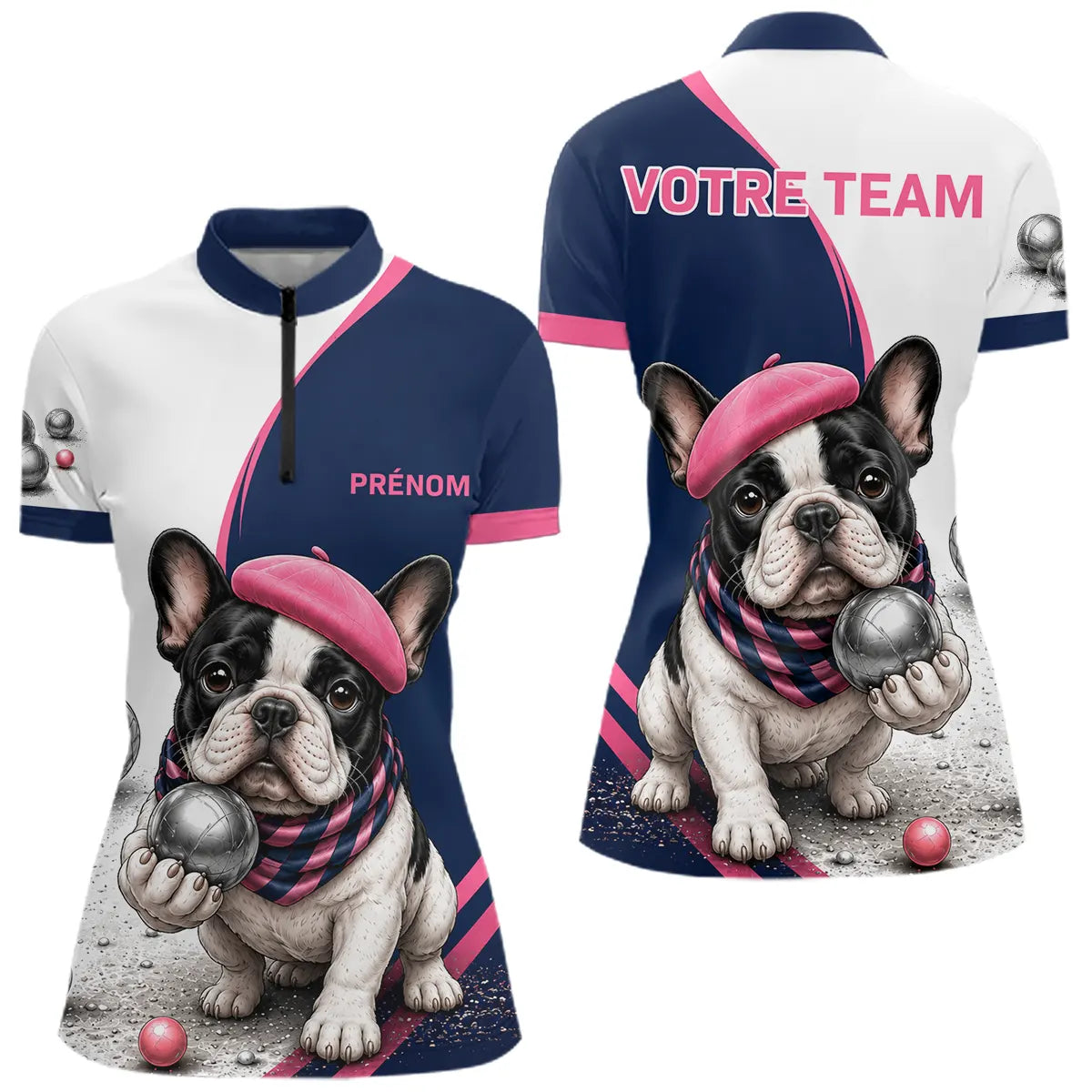 Polo Pétanque Personnalisé - Bouledogue Bleu & Rose - Polo Zippé Femme