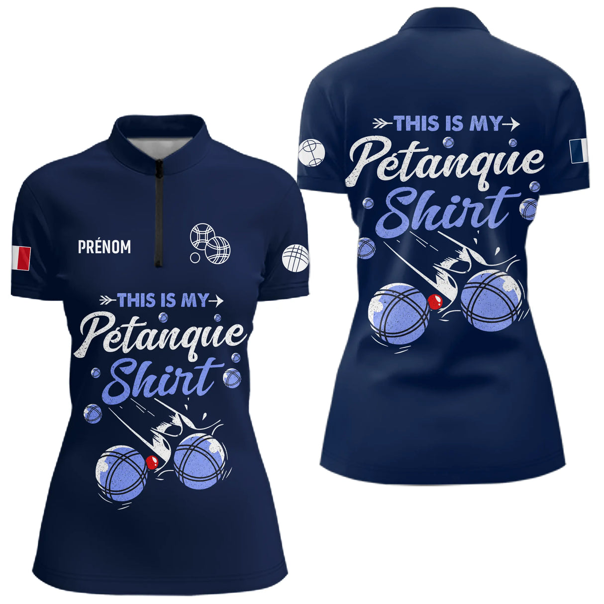 Polo Pétanque Personnalisé - Marine Cadeau Bouliste - Polo Zippé Femme