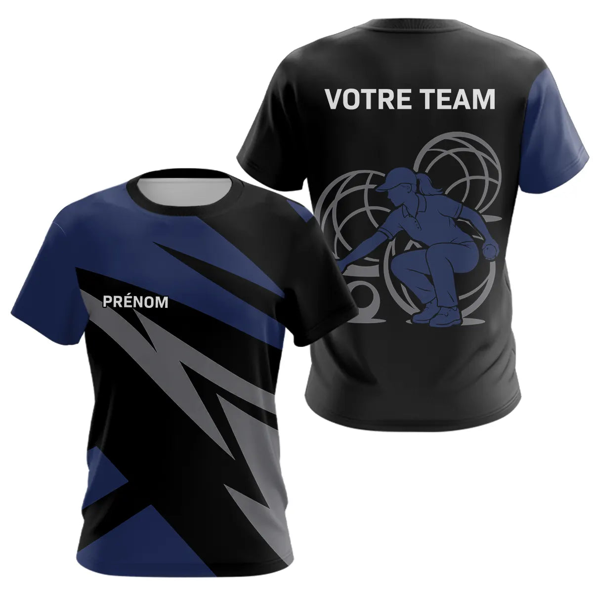Polo Pétanque Personnalisé - Noir & Bleu Marine Prénom - T-Shirt Femme