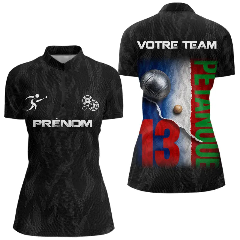 Polo Pétanque Personnalisé - Noir Drapeau Français N°13 - Polo Zippé Femme