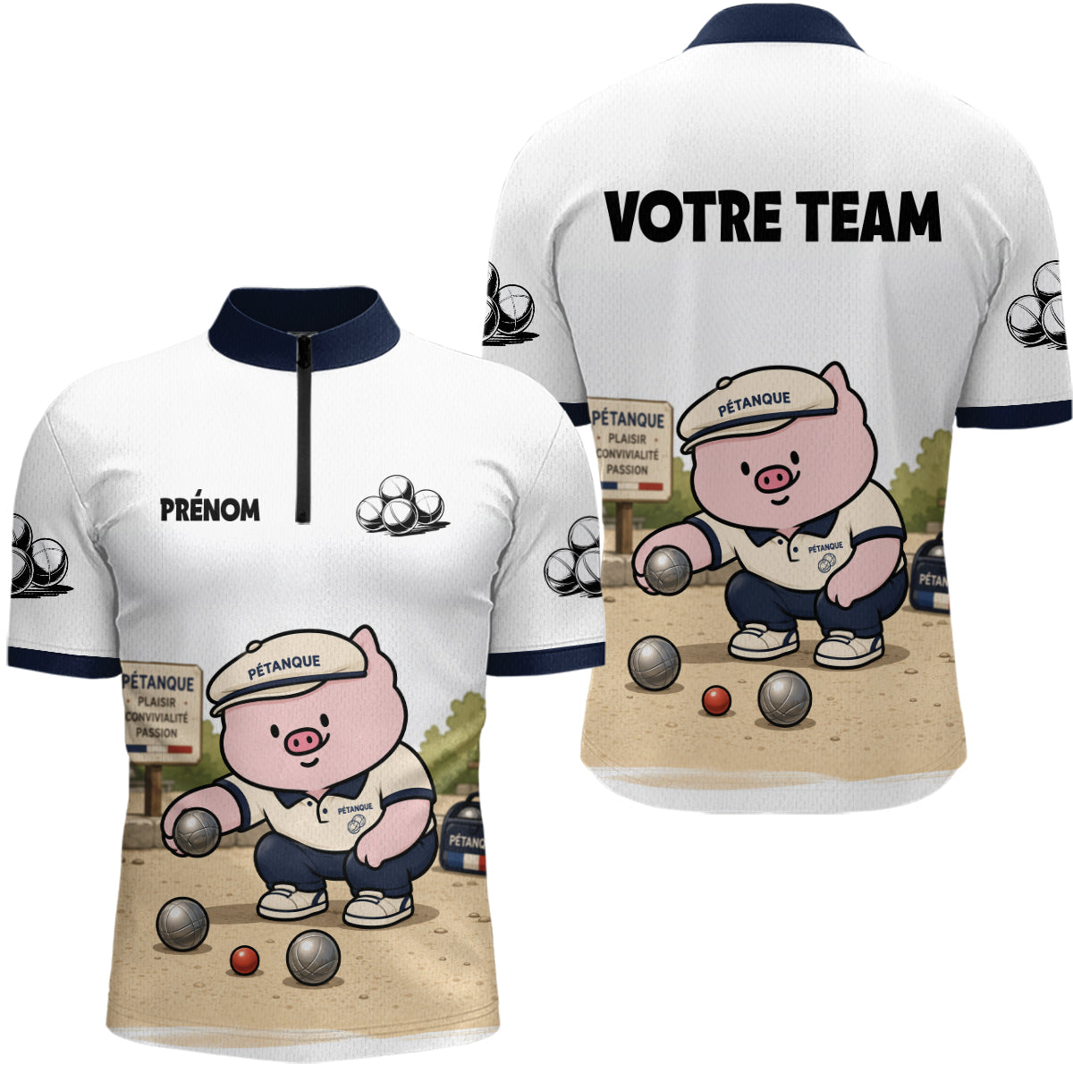 Polo Pétanque Personnalisé - Team Cochonnet Blanc Bleu - Polo Zippé Homme