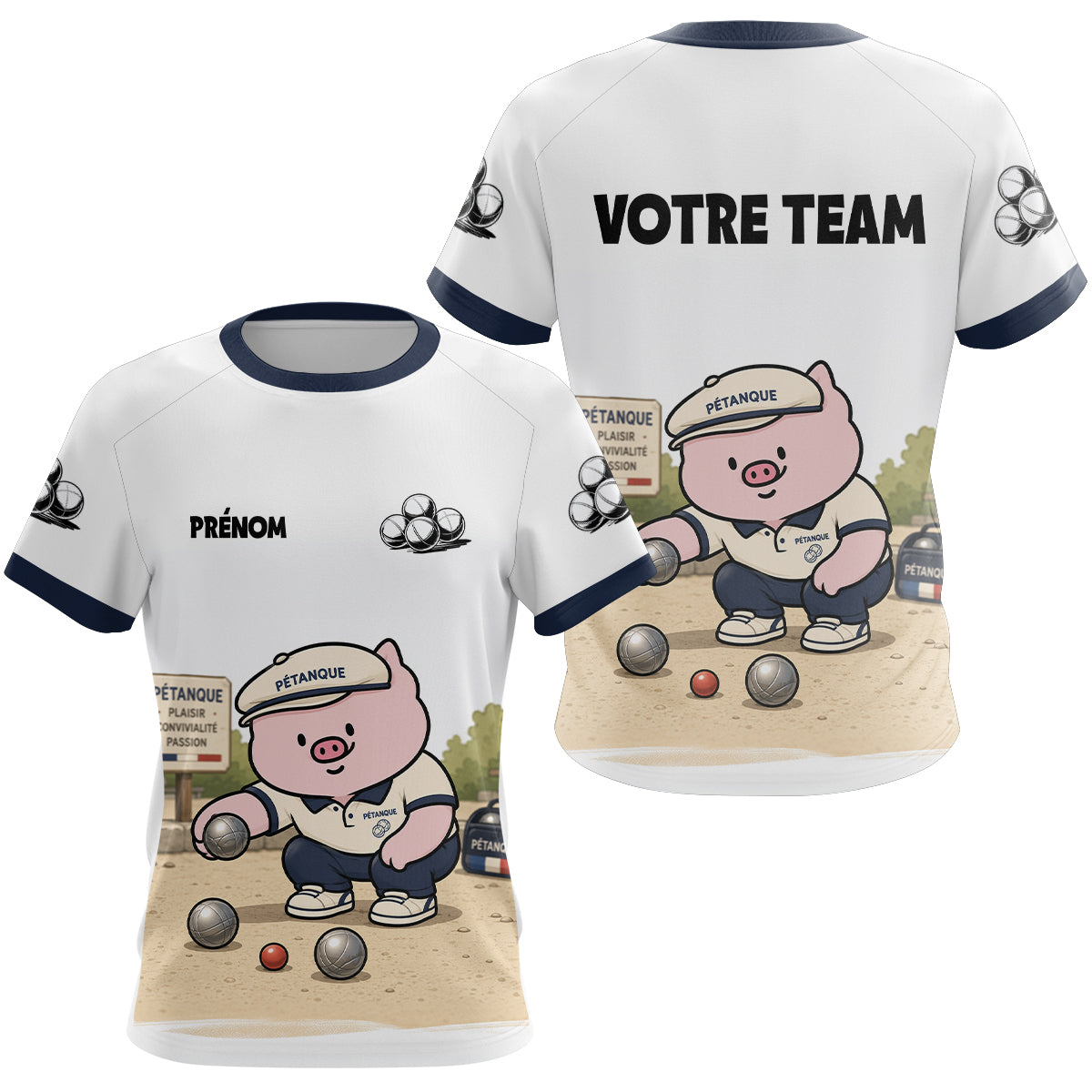 Polo Pétanque Personnalisé - Team Cochonnet Blanc Bleu - T-Shirt Femme