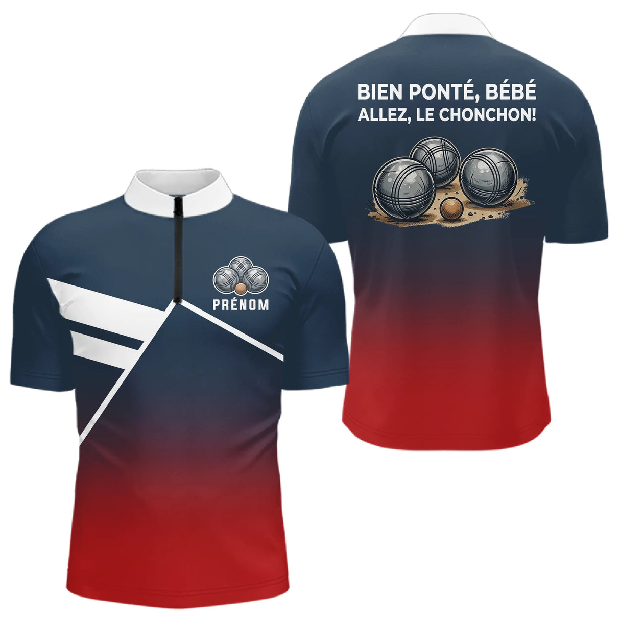 Polo Pétanque Personnalisé Bleu Rouge - Boulodrome Humour - Polo Zippé Homme