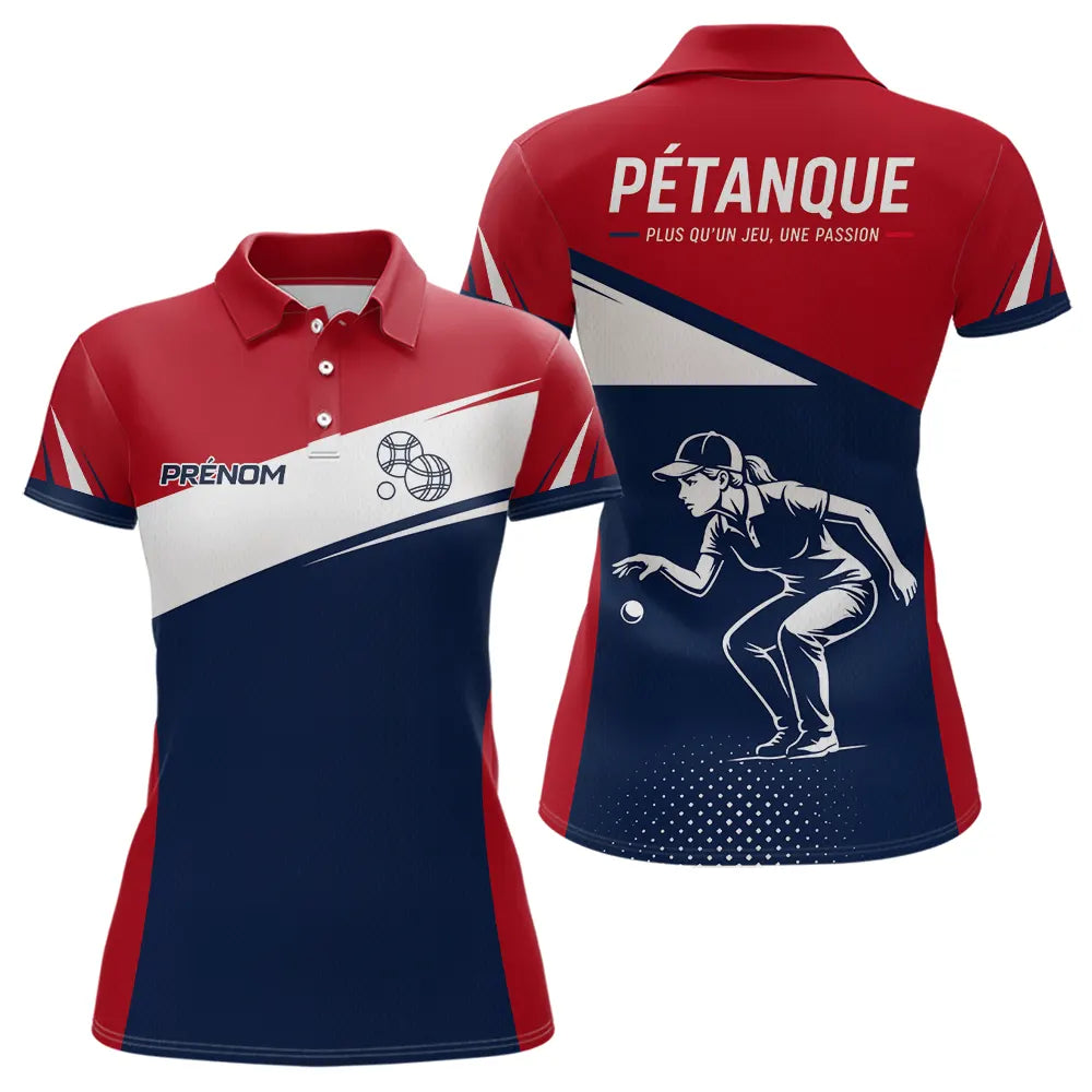 Polo Pétanque Personnalisé Bleu Rouge - Homme Femme Passion Boules - Polo Femme