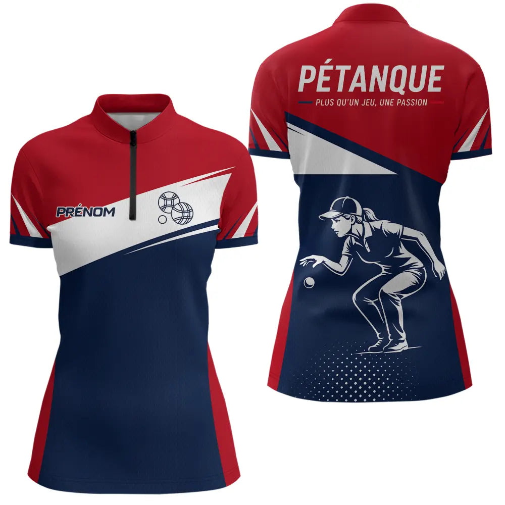 Polo Pétanque Personnalisé Bleu Rouge - Homme Femme Passion Boules - Polo Zippé Femme
